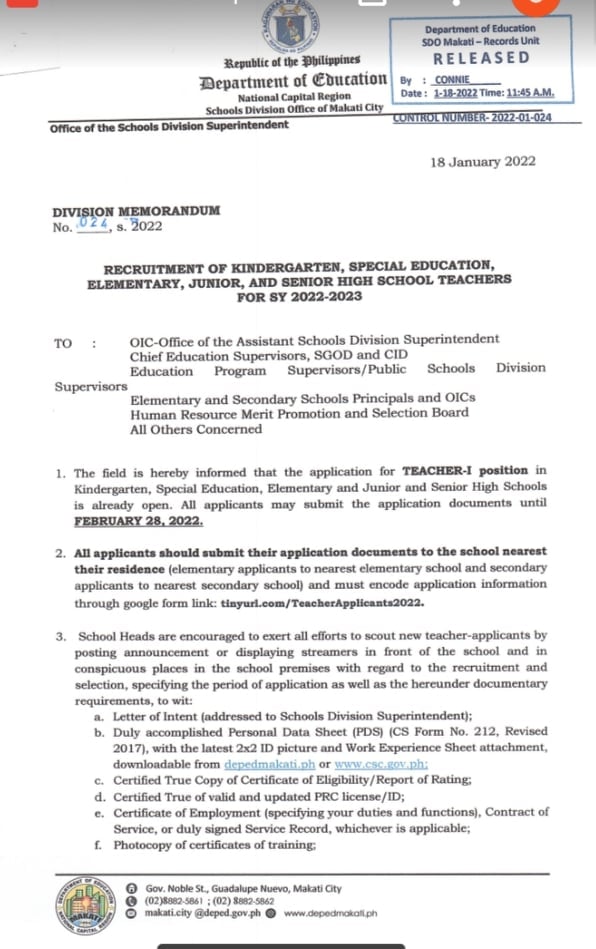 DO Memo - Recruitment of Kindergarten, SPED, Elementary, Jr and Sr HS Teachers 1